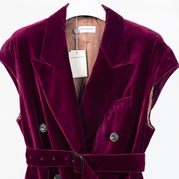 Dries Van Noten AW/20 Runway Rawn Shortbis Dark-Pink Velvet Cap-Sleeve Coat - Picture 4 of 12